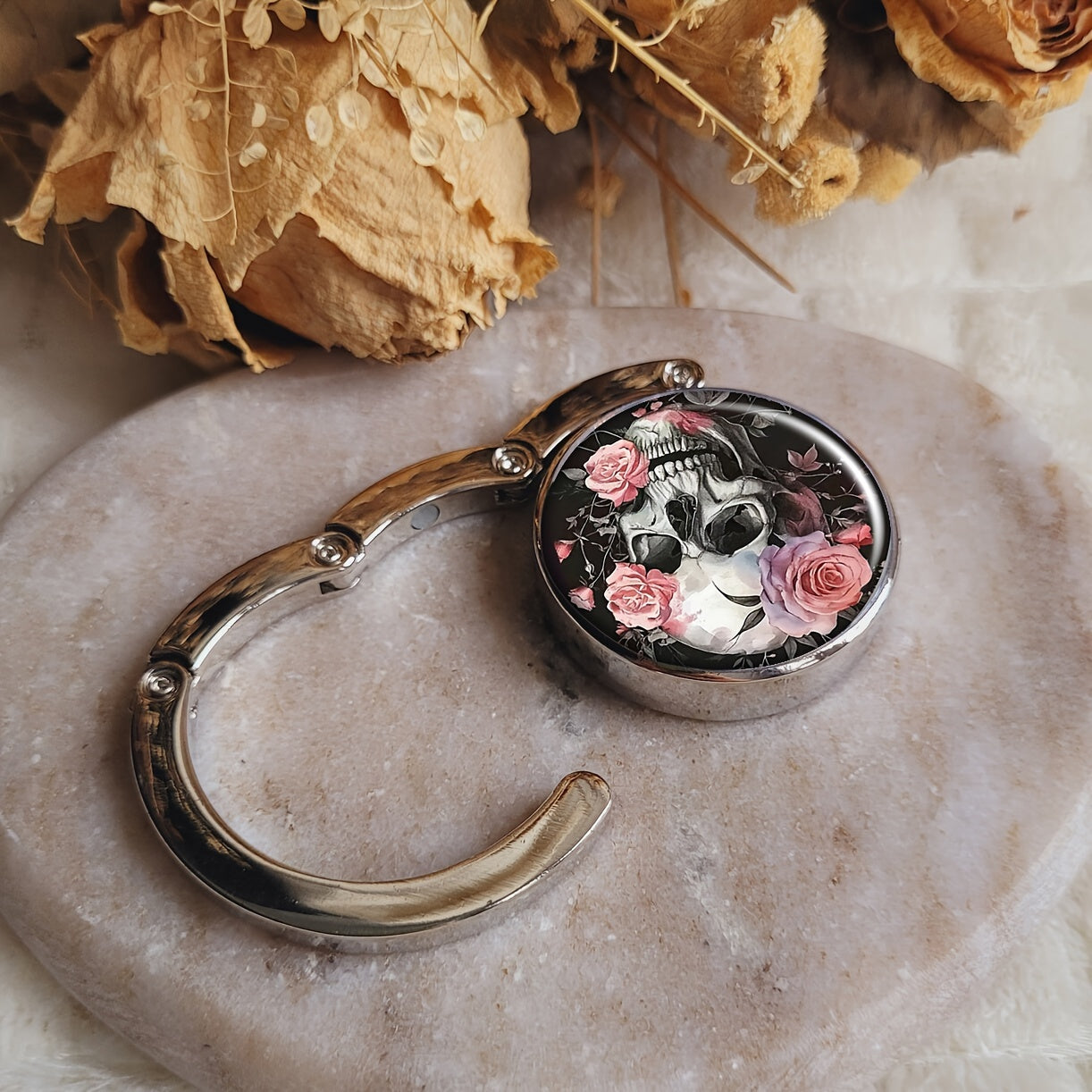 Foldable Handbag Hanger with Floral Sugar Skull Design Zinc Alloy Purse Hook