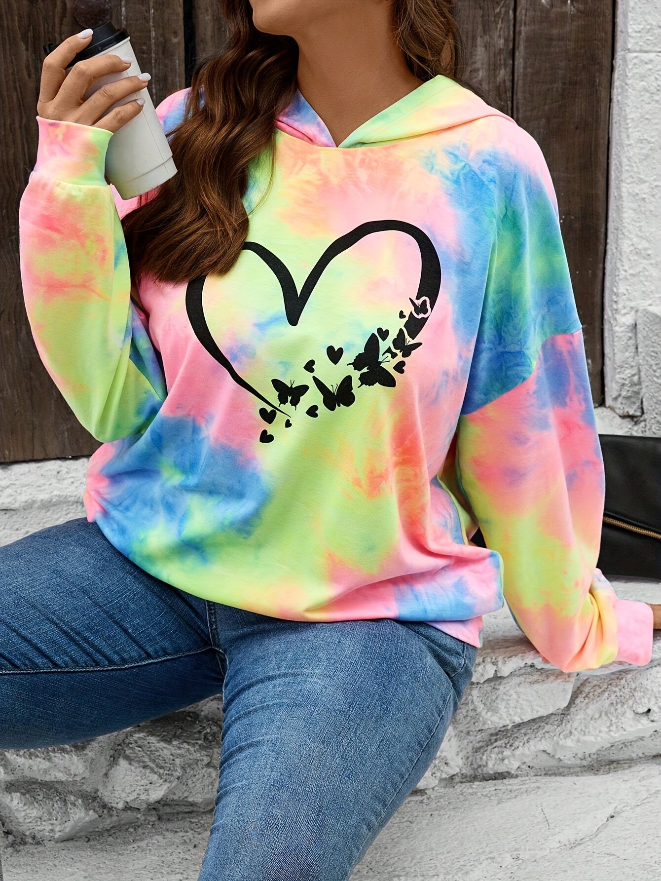 Plus Size Women's Hoodie Long Sleeve Heart Print Polyester Blend Fall Winter