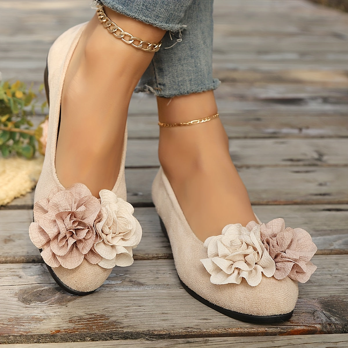 Zapatos planos de ballet con adornos florales de material sintético, zapatos casuales para mujer