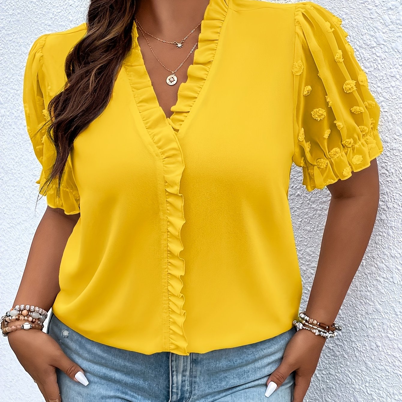Plus Size Women's Orange Ruffle Sleeve Blouse with Lace Detail
