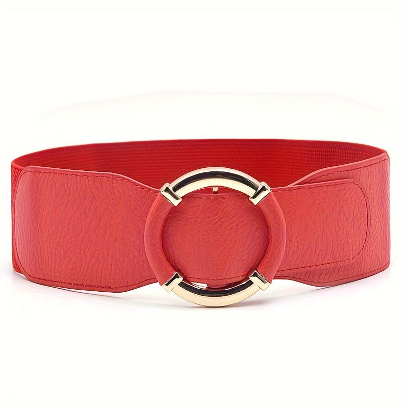 Women's Casual Elastic Waist Dress Coat with Wide Belt and Round Buckle in Solid Color