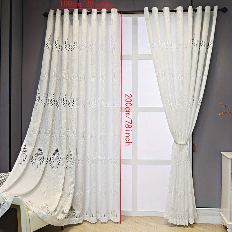 White Sheer Curtain with Feather Leaf Jacquard Grommet Top for Living Room Bedroom