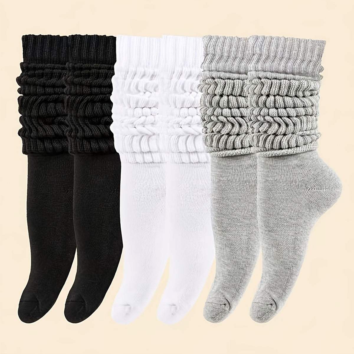 Women's Mid-Calf Socks Set of 3 Black White Gray Solid Comfortable Knit Fashionable