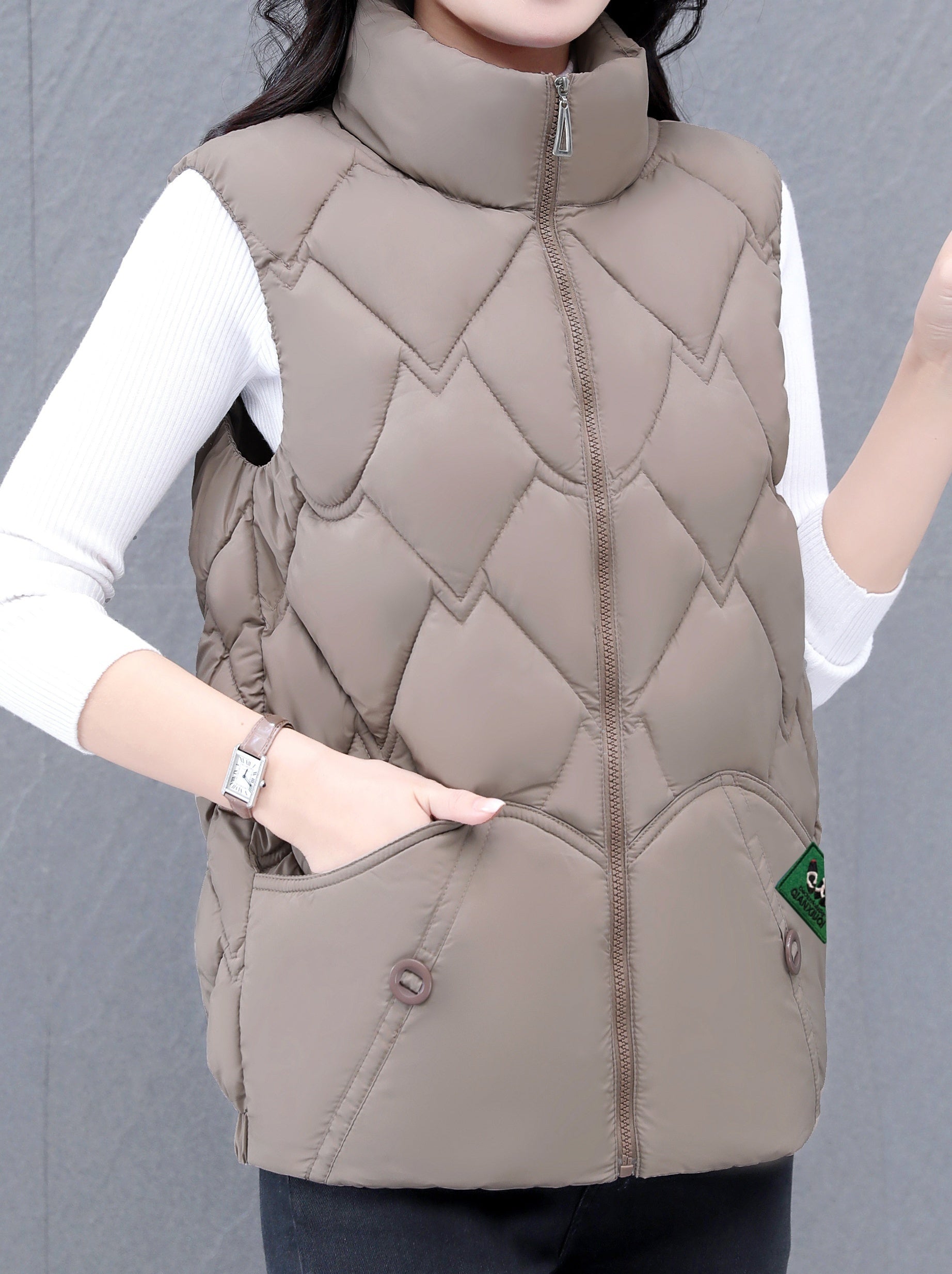Women's Polyester Vest with Quilted Stand Collar Zipper Closure Pleated Hem Fall Winter Casual