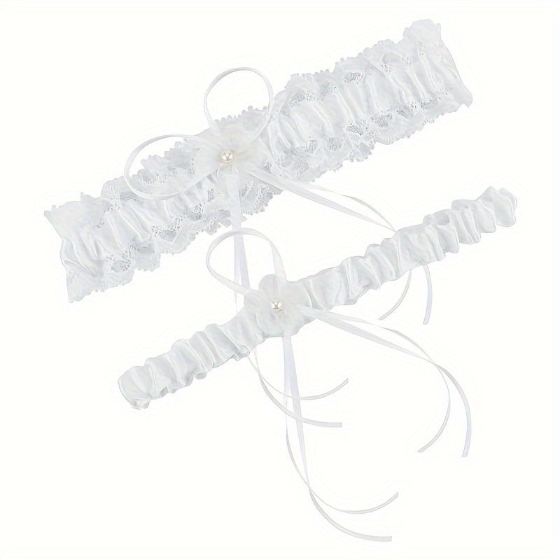 Set of 2 Lace Bridal Garters with Faux Pearl Stretch for Weddings and Special Occasions