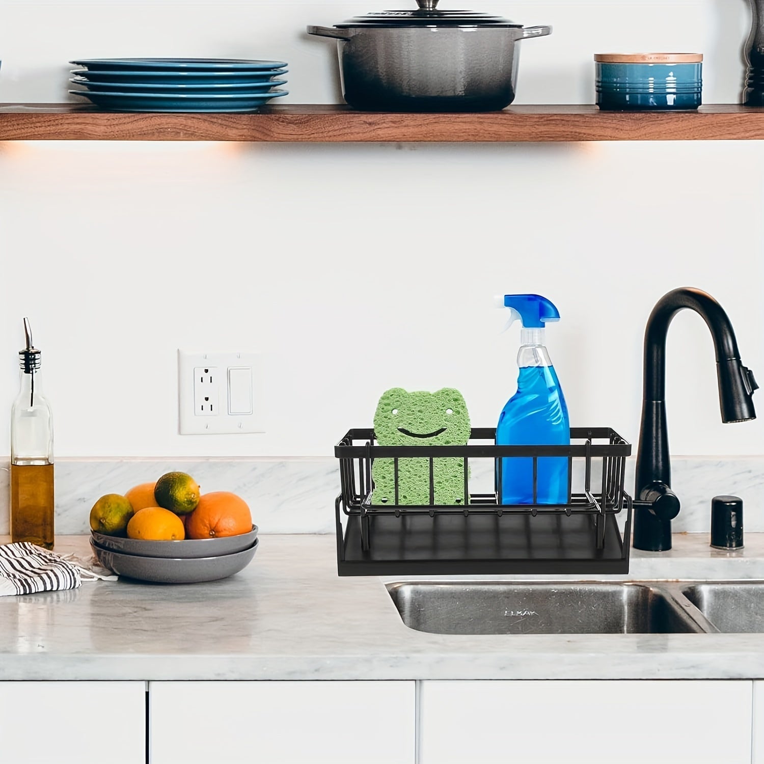 Black Plastic Kitchen Sink Drain Rack with Soap and Sponge Holder
