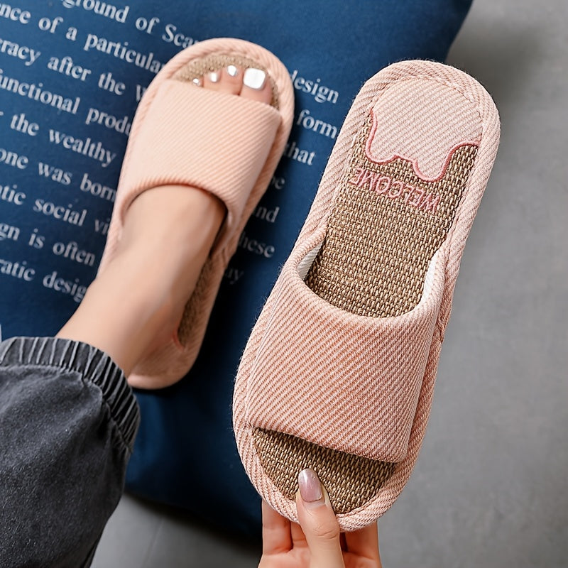 Женские льняные тапочки с мультяшным дизайном, дышащие, нескользящие, домашняя обувь