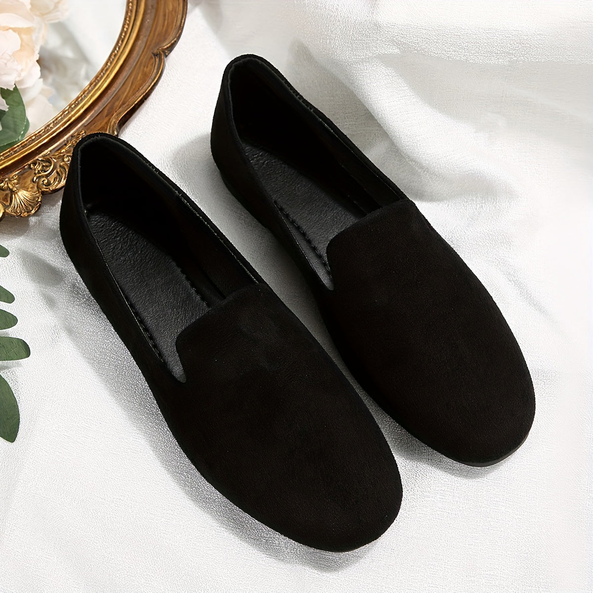 Women's Black Flannel Slip-On Flats with Round Toe Lightweight Plastic Sole