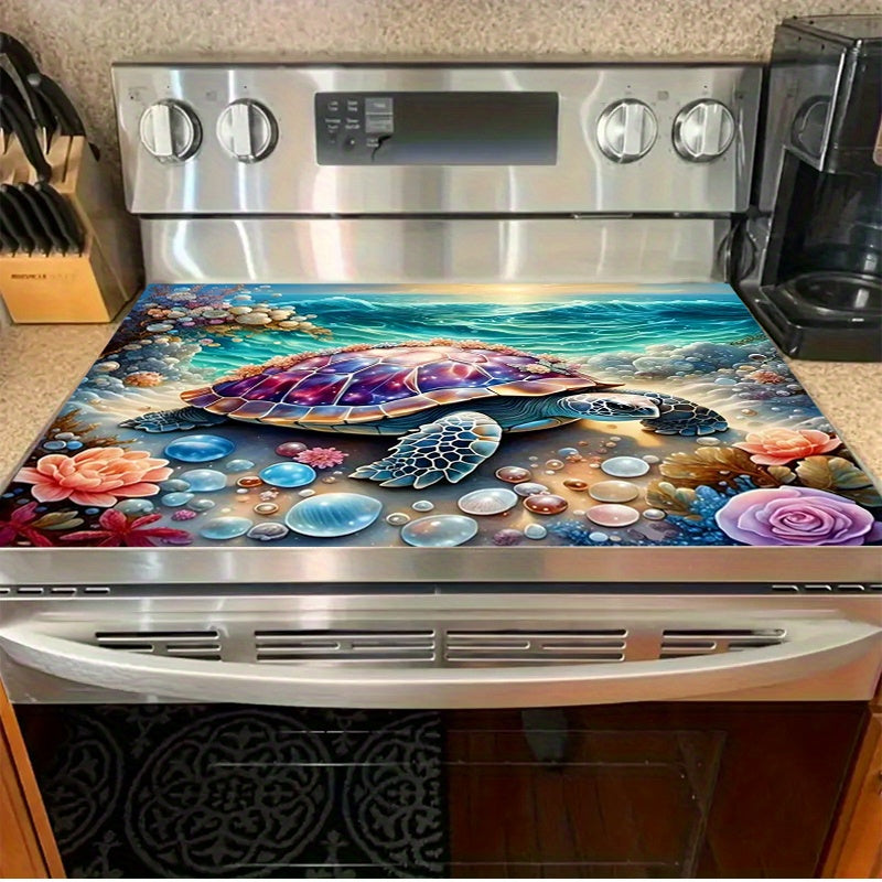Ocean-Themed Gas Stove Burner Cover Mat with Sea Turtle and Coral Reef Design High-Temperature Resistant Polyester
