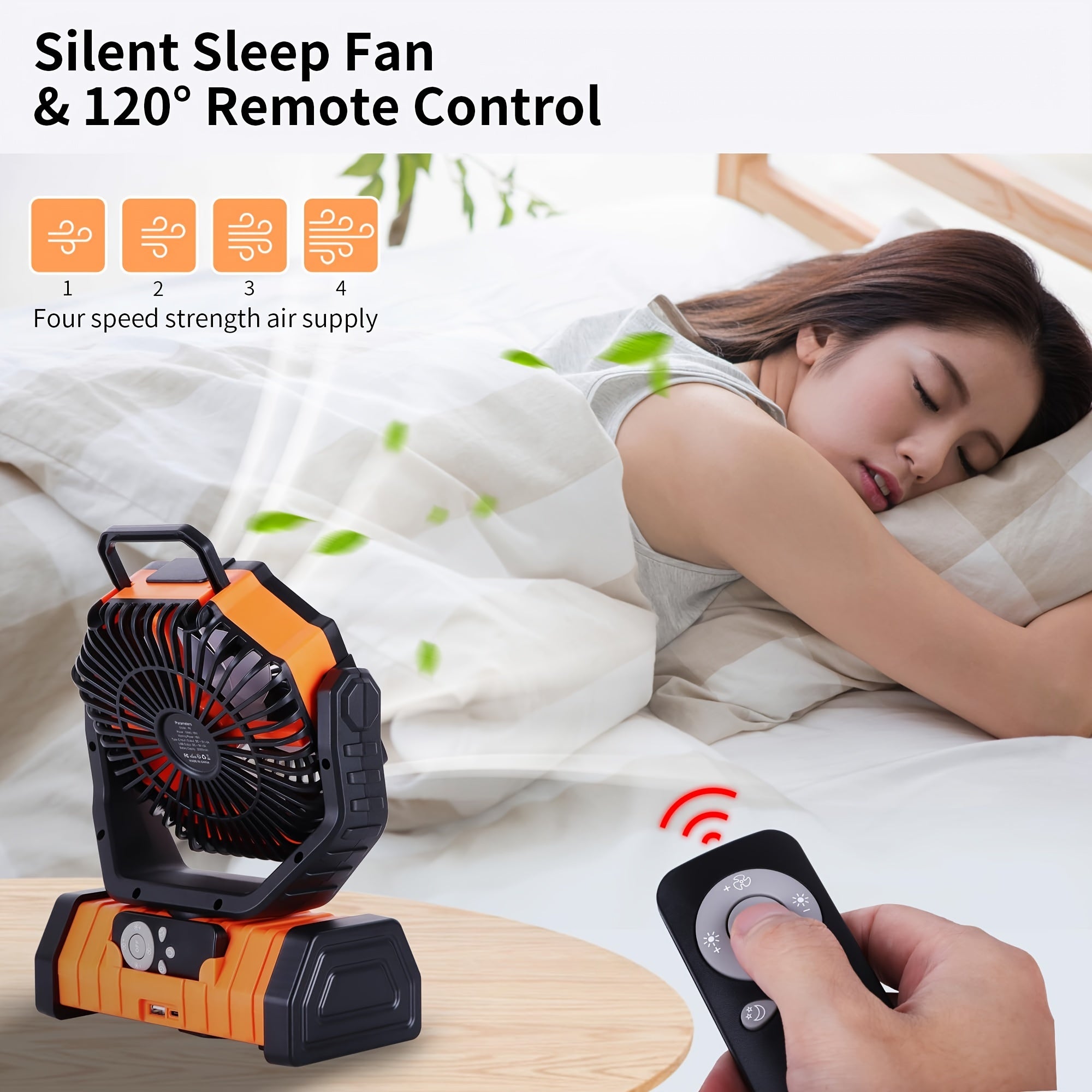 Portable Camping Fan with LED Light and 20000mAh Battery, 4-Speed, Rechargeable USB, Hexagonal Design, Orange and Black