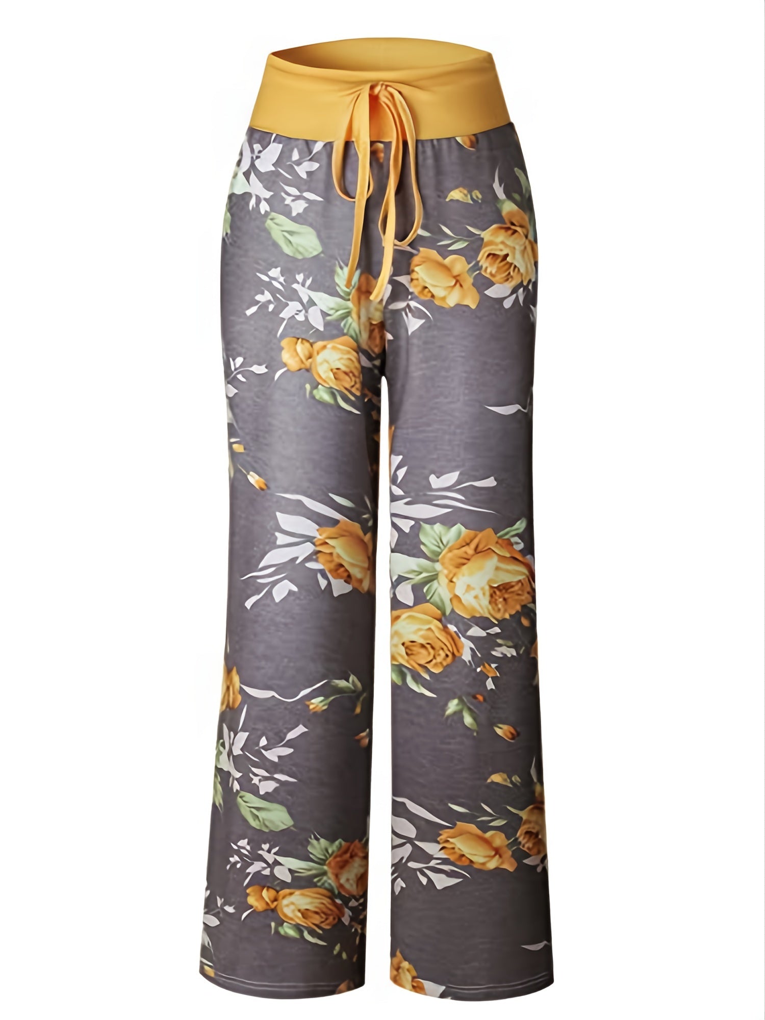 Women's Plus Size Floral Print Wide Leg Lounge Pants with Drawstring