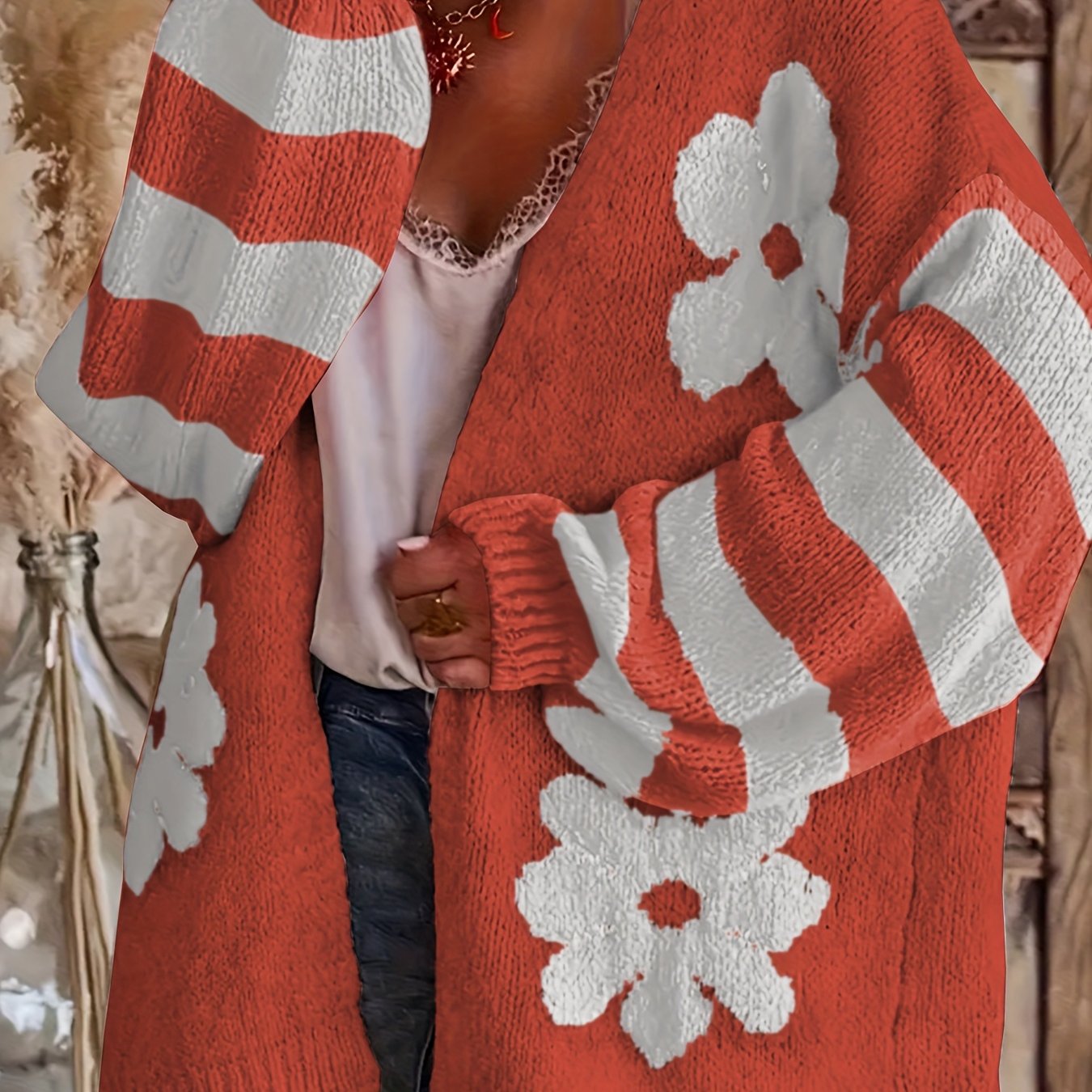 Women's Plus Size V-Neck Floral Print Knit Cardigan Long Sleeve Sweater