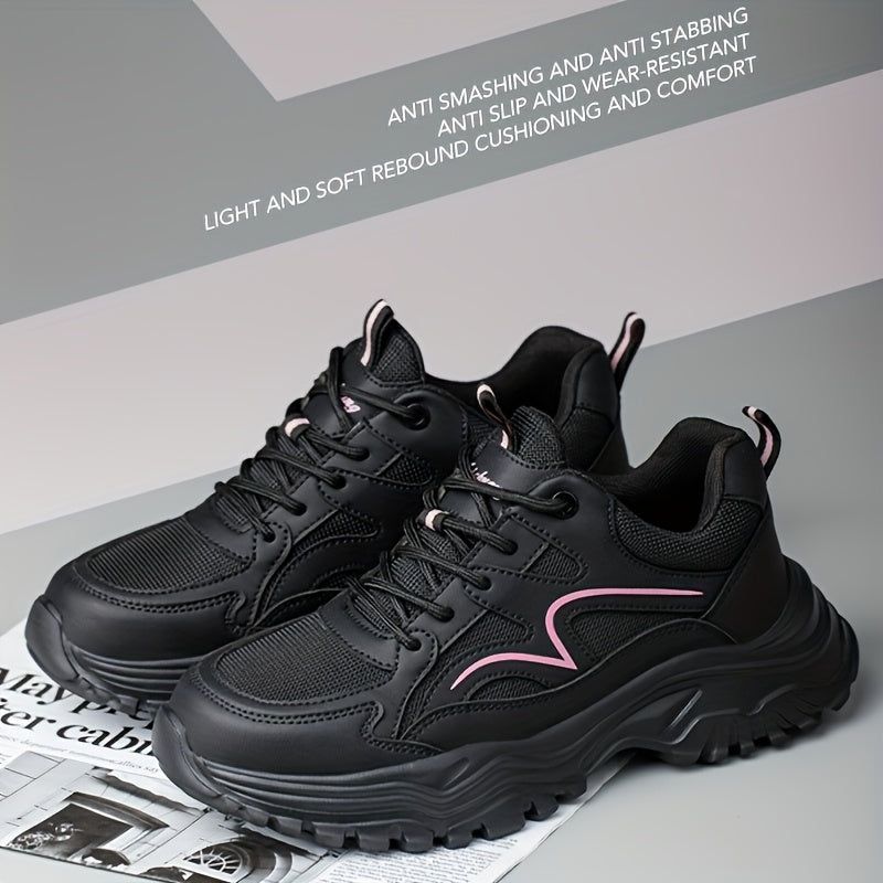 Women’s Lightweight Safety Shoes Black Pink Breathable Anti-Puncture Durable Rubber