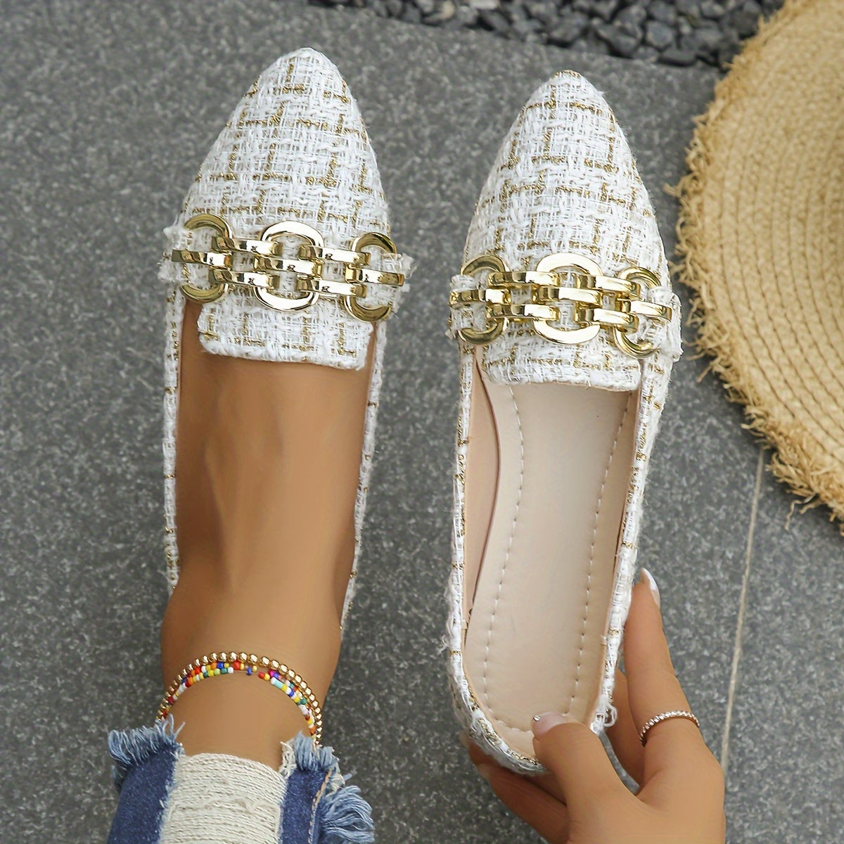 Women’s Metallic Chain Detail Pointed Toe Flats for Work and Casual