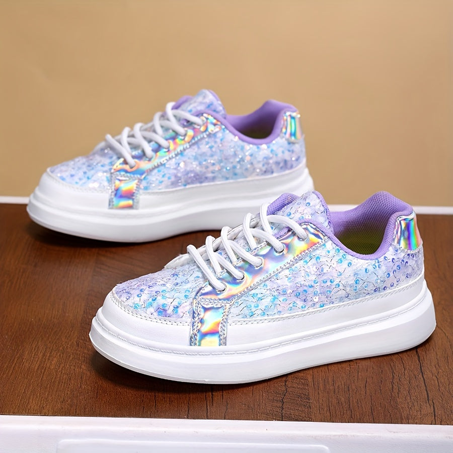 Girls' Sparkly Blue Sequin Sneakers with Purple Accents for Outdoor Play and Casual Wear