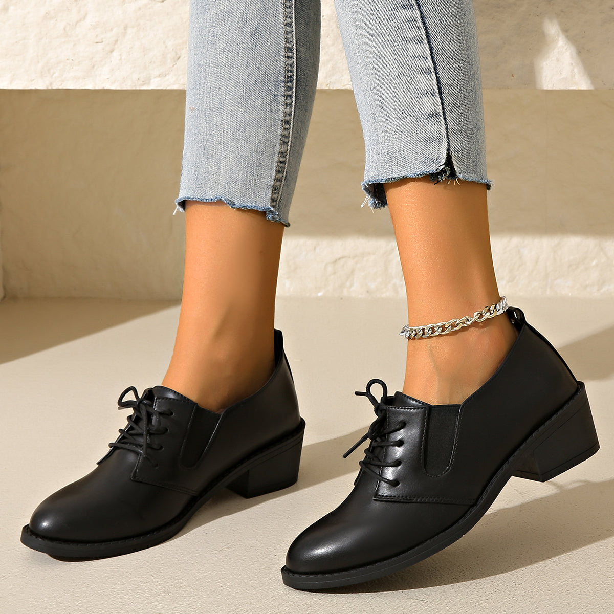 Women's Black Casual Oxfords with Golden Buckle Synthetic Leather Shoes