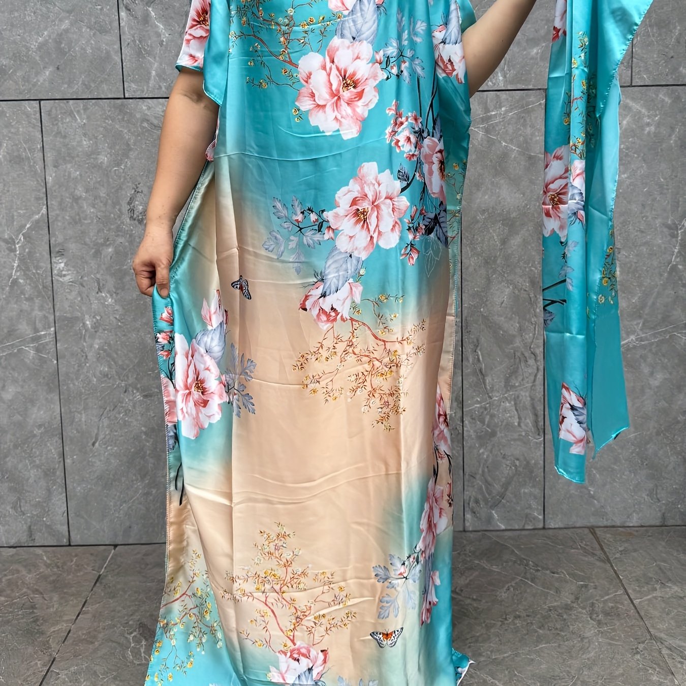 Plus Size Floral Print Kaftan Dress with Scarf Longline Loose Fit Summer