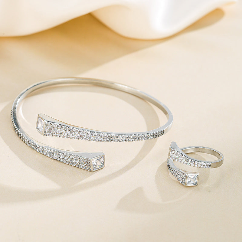 Open Silver Water Diamond Bangle and Ring Set for Women