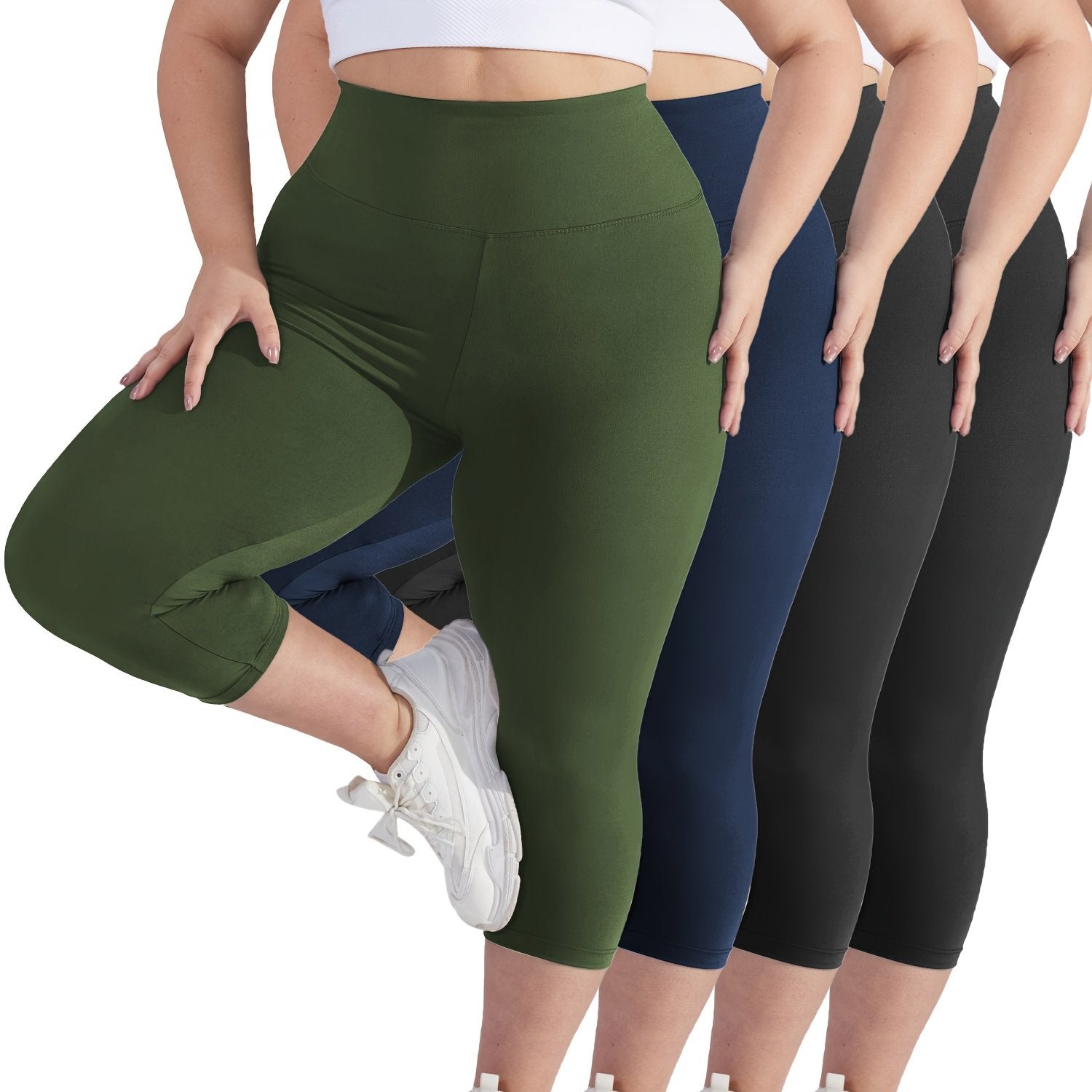 Women's Cropped Pants Black High Waist Tummy Control Skinny Leggings 4 Pack