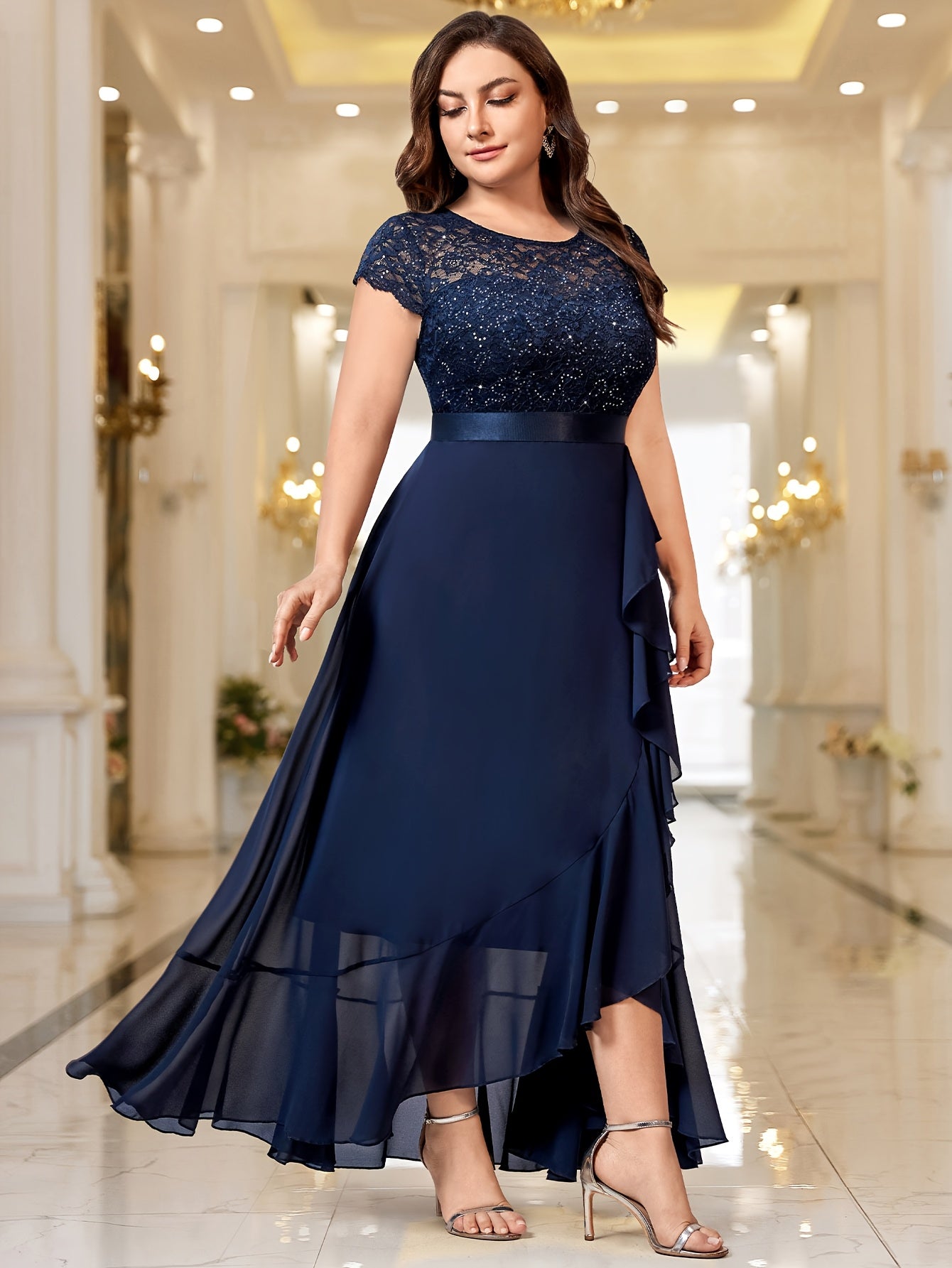Plus Size Women's Long Dress with Sequin Lace Ruffle Hem Formal Party