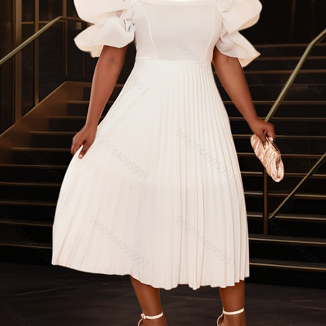 Plus Size Women's Off-the-Shoulder Wedding Dress with Princess Sleeves White Midi Flared Skirt