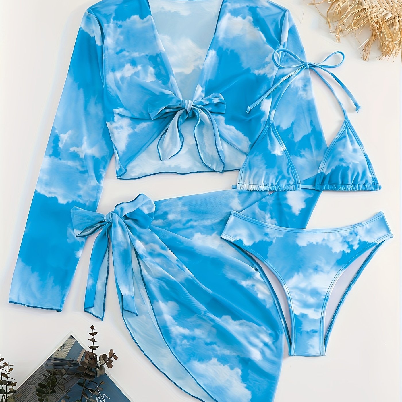 Four-Piece Beach Cover-Up Mesh Wrap Skirt with Halter Neck Bikini and Printed Design