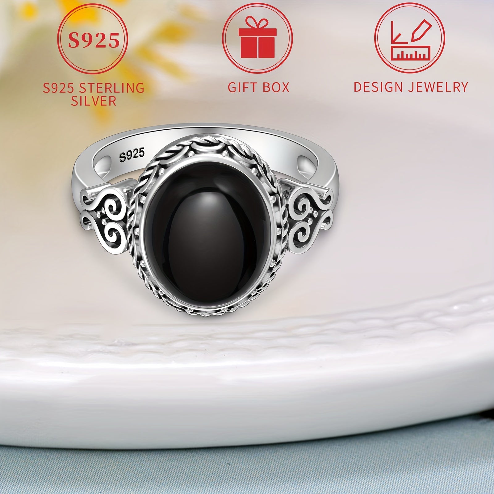 Ayollar uchun Sterling Silver uzuk qora Agate yurak o'simliklari Viktoriya uslubi hypoallergen