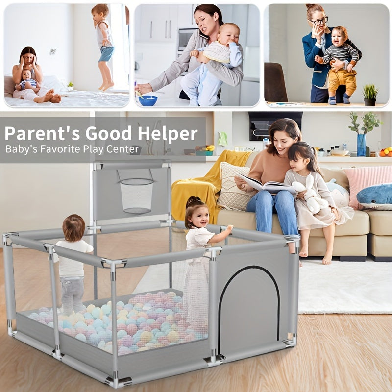 Square Playpen Fence for Kids with Basketball Frame and Play Yard Fence for Holidays