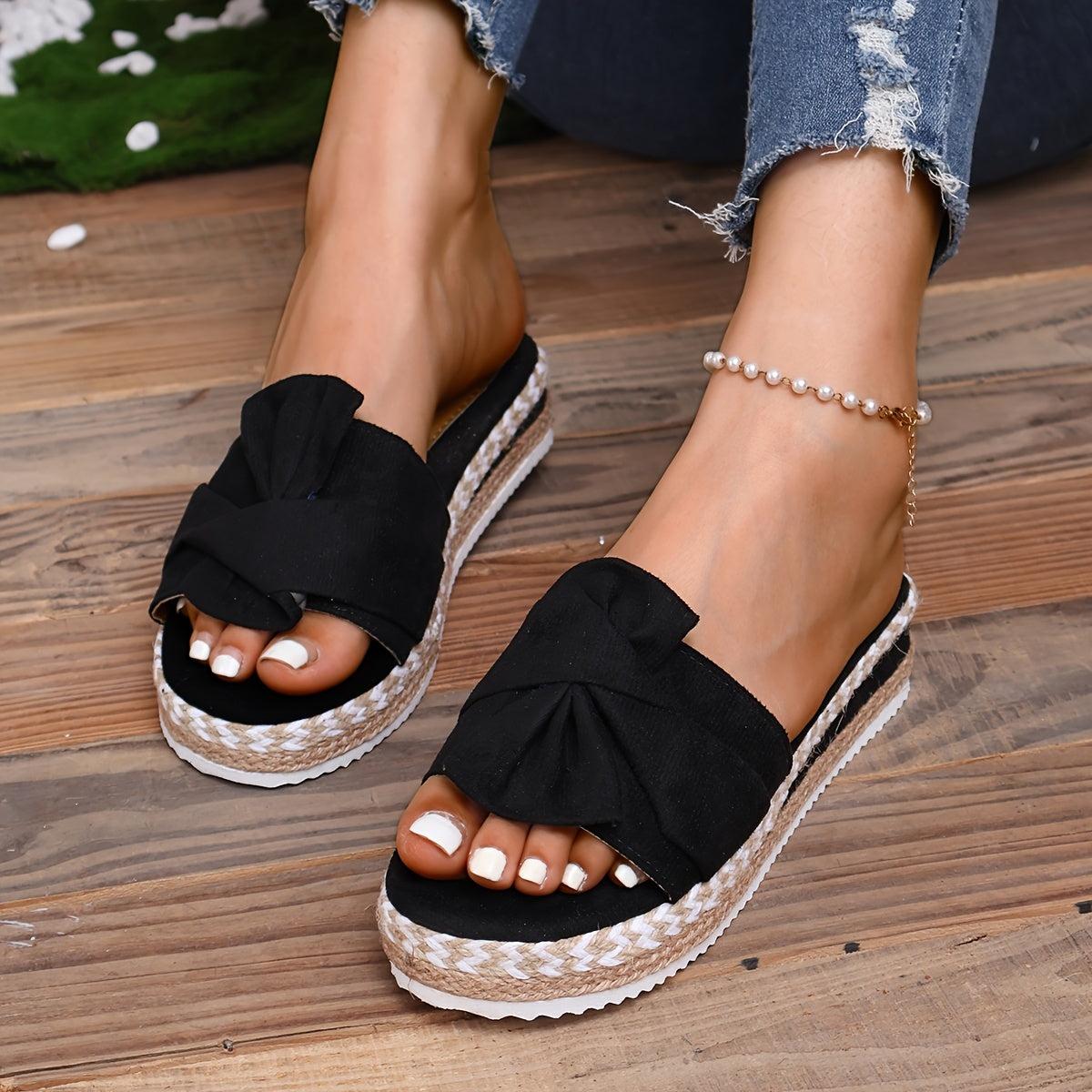 Women's Bowknot Platform Slides Casual Open Toe Espadrille Sandals