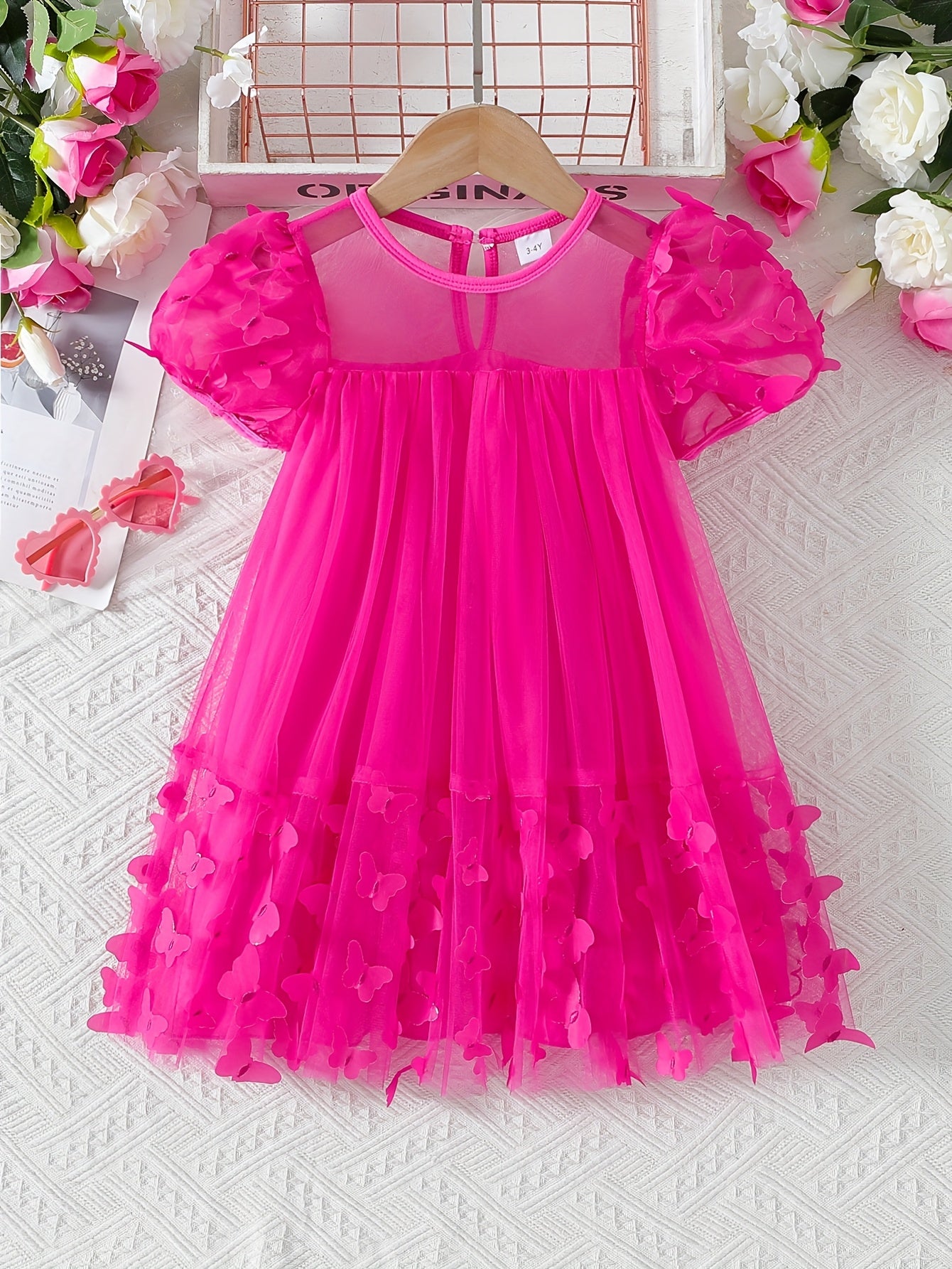 Girls' Spring Summer Princess Dress with 3D Butterfly Detail Short Puff Sleeve Flared Hollow Design