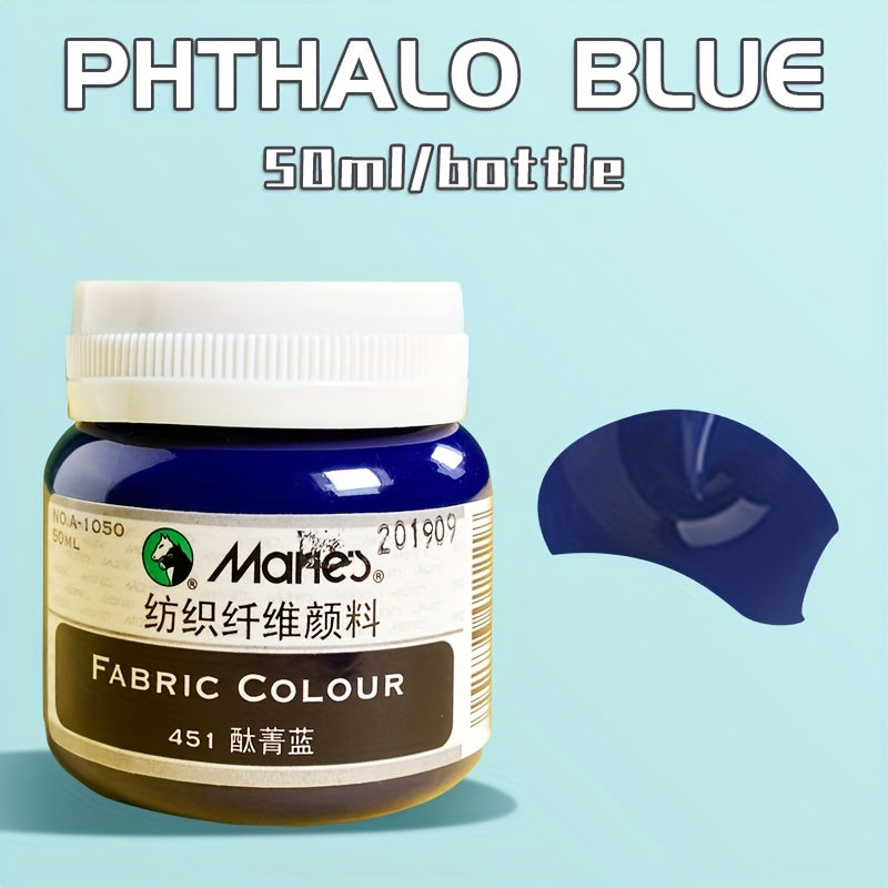 1 shisha Marie's Fabric Paint, 50ml - doimiy kiyim bo'yash uchun 12 rang mavjud. O'rta cho'tka kiritilgan. San'atkorlar va hunarmandlar uchun ideal. T-shirtlar, poyabzallar, jinsilar uchun mos.