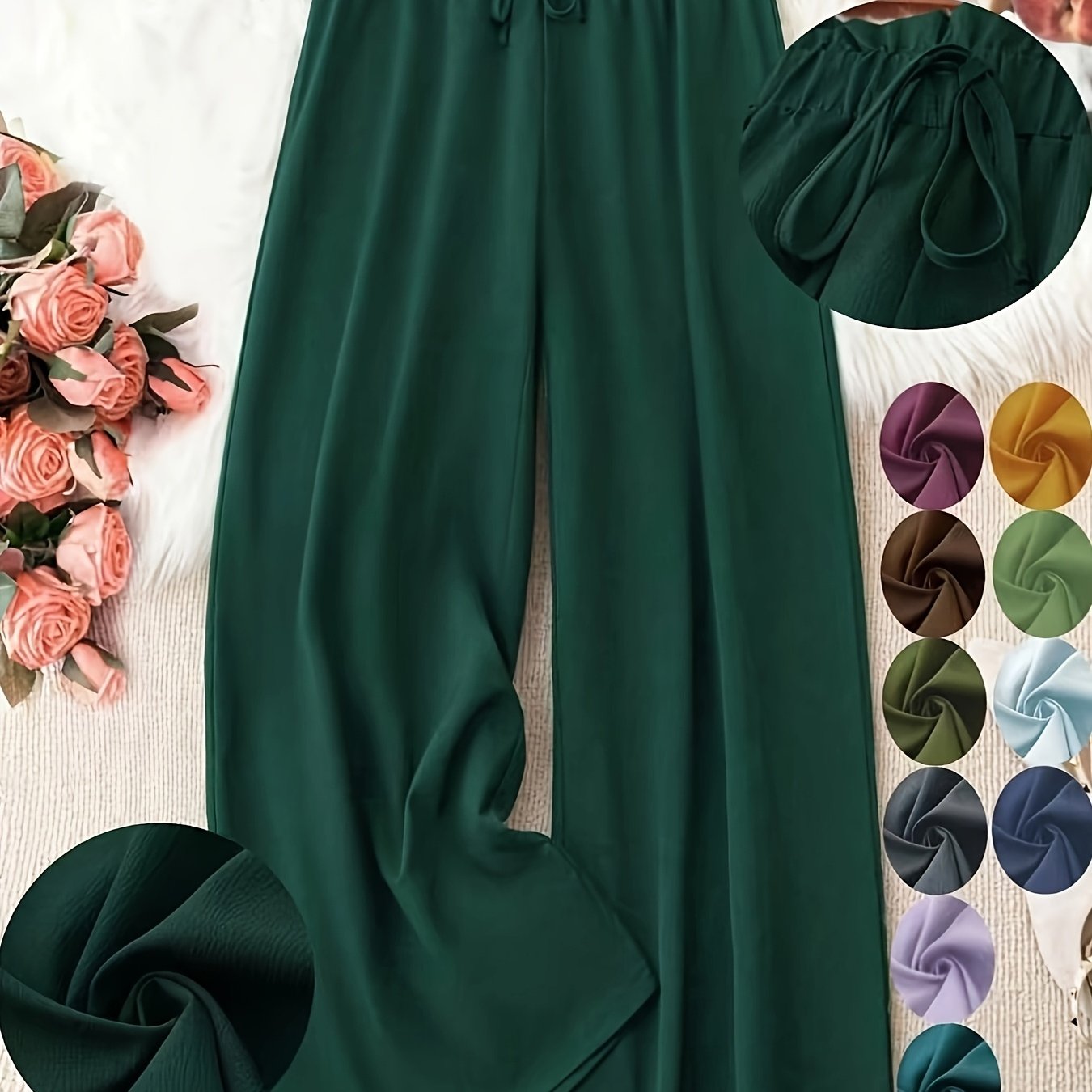 Plus Size Women's Wide-Leg Pants Non-Stretch Fabric Adjustable Waist Casual Trousers