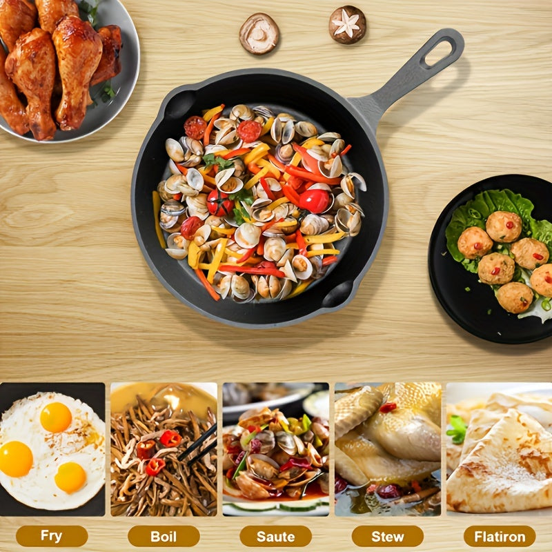 Набор из 4 предварительно обработанных чугунных сковород с антипригарным покрытием и ручками, подходящих для различных методов приготовления. Можно мыть в посудомоечной машине и использовать как в помещении, так и на улице, идеально подходит для