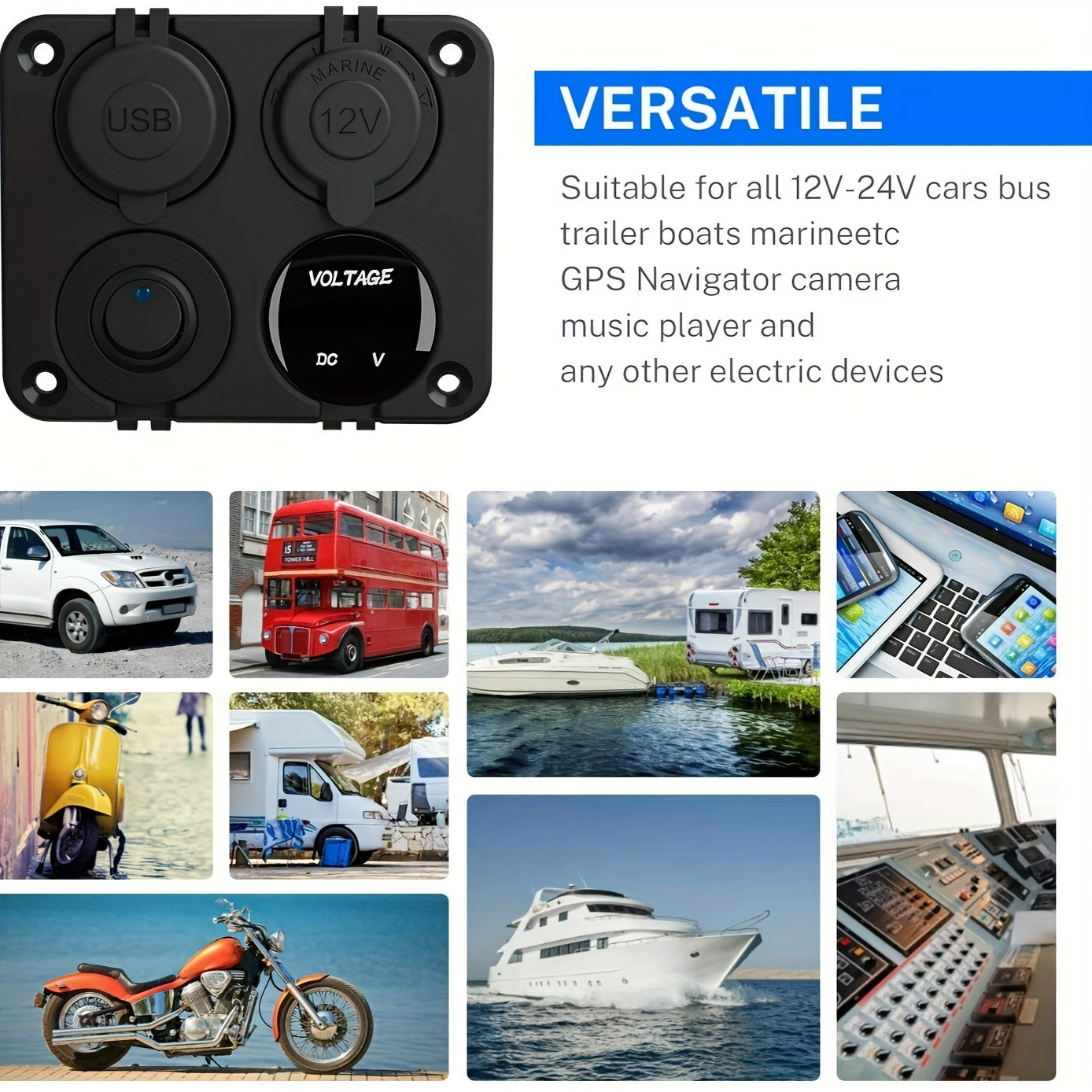 Dual USB Charger for 4-Gang 12V Outlets with LED Voltmeter and Wall Mount