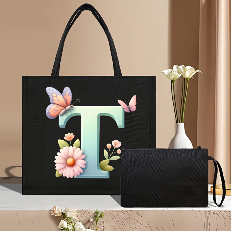 Set of 2 Floral Letter Print Canvas Tote Bags Large Handbag with Clutch Pouch