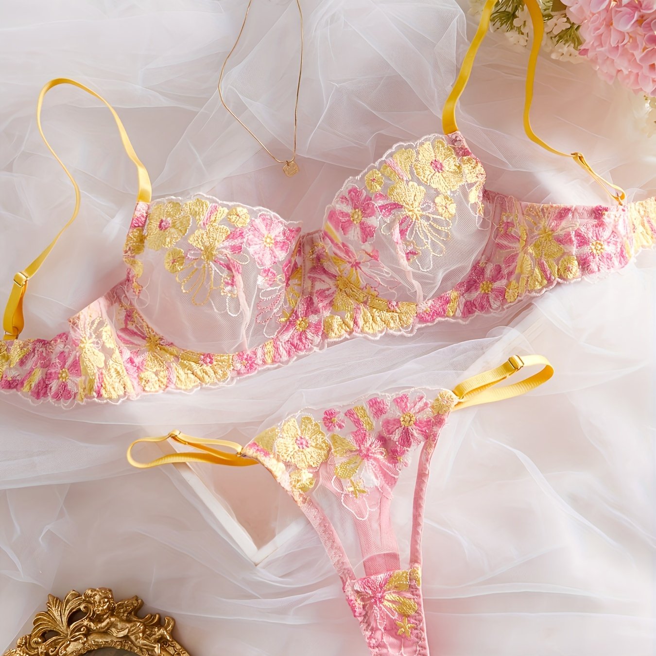 Women's Lace Satin Lingerie Set with Adjustable Straps and Floral Design