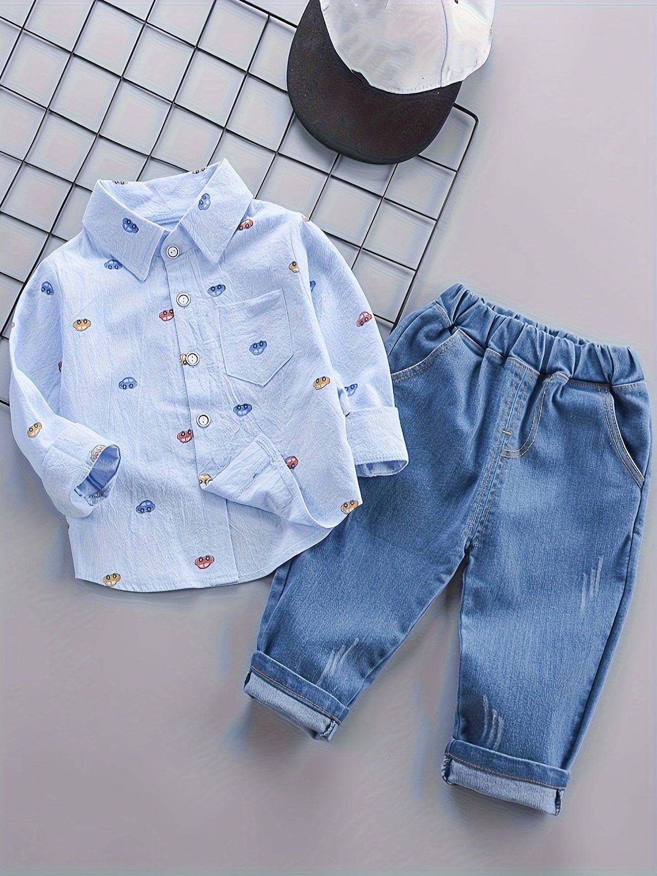 Boys' Cotton Outfit Set V-Neck Car Print Shirt and Jeans for Spring Fall Kids 12 and Under