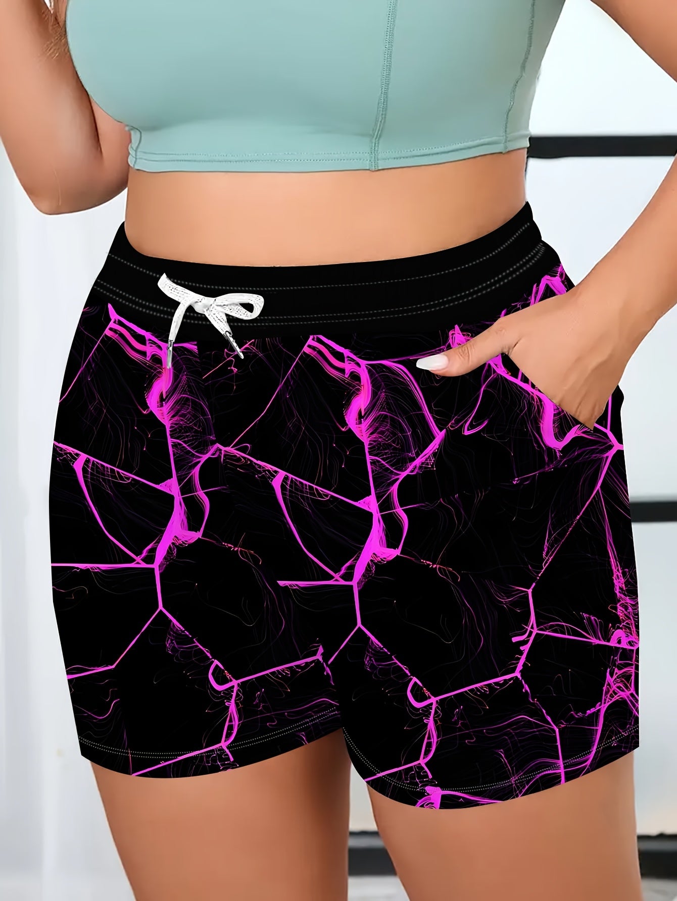 Plus Size Women's Athletic Shorts with Pockets and Drawstring Purple Floral