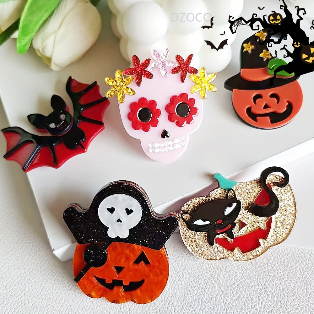Retro Punk Acrylic Brooch Pins Halloween Icons Pumpkins Skeletons Bats Quirky Cartoon