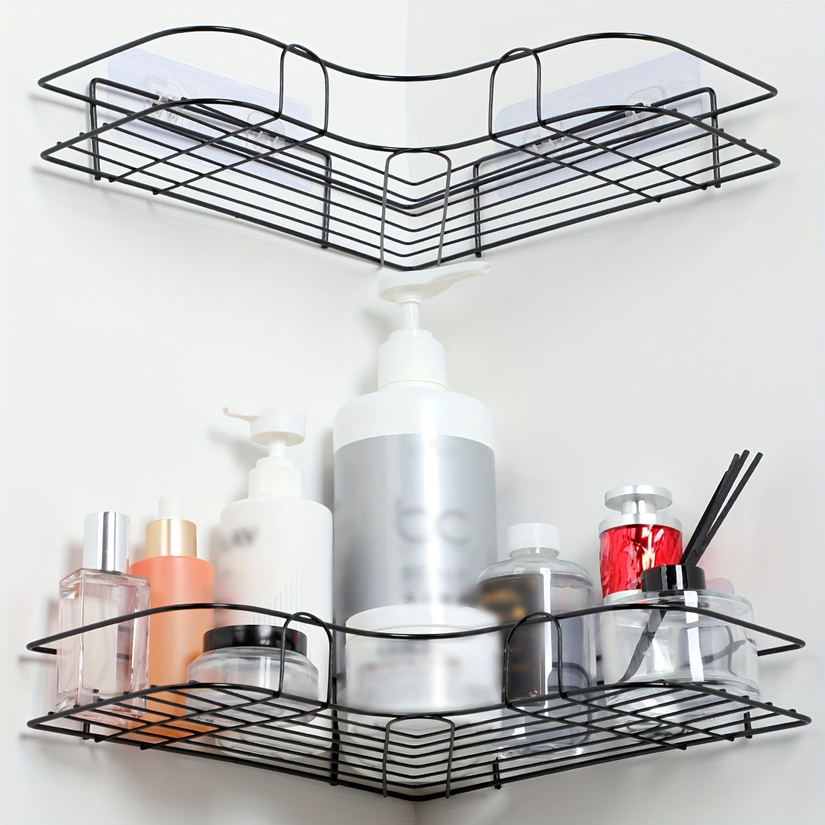 Black Stainless Steel Wall Shelf with 2 Tiers No-Drill Bathroom Kitchen Storage