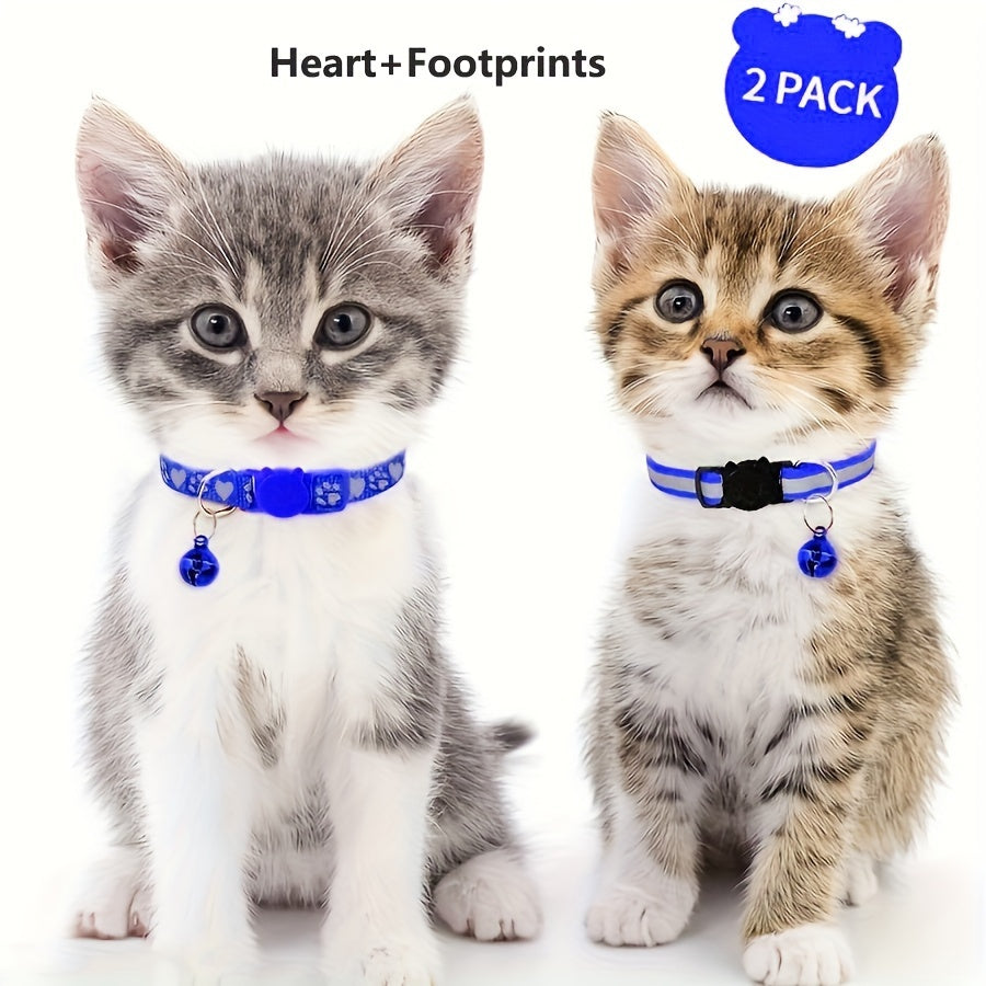 Reflective Cat Collars for Kittens with Footprints Bells Breakaway Design Polyester 2 Pack