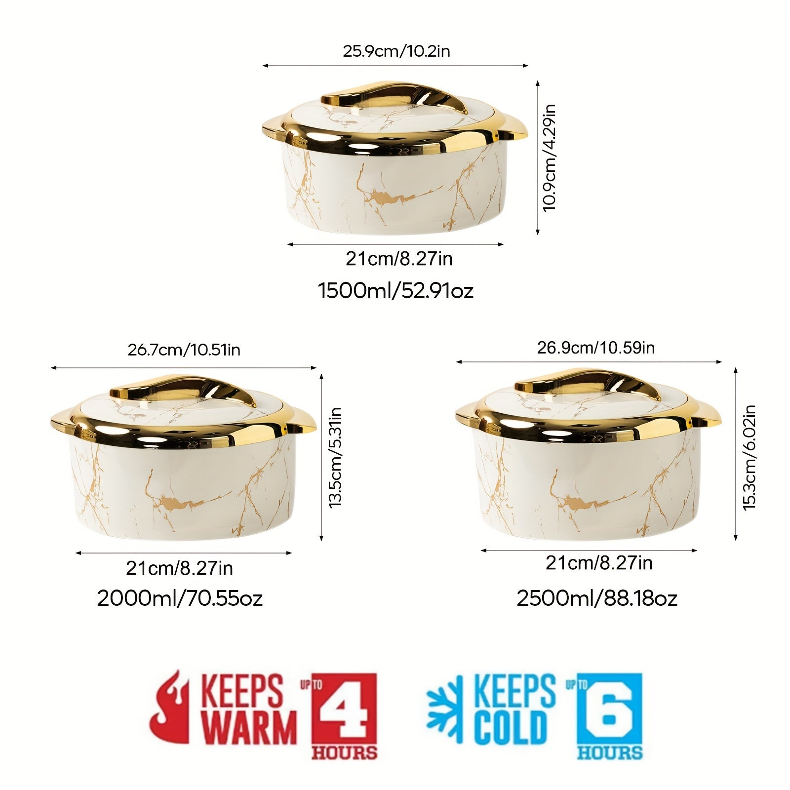 Food Warmer Set with Insulated Stainless Steel Containers 3-Piece White and Gold Marble