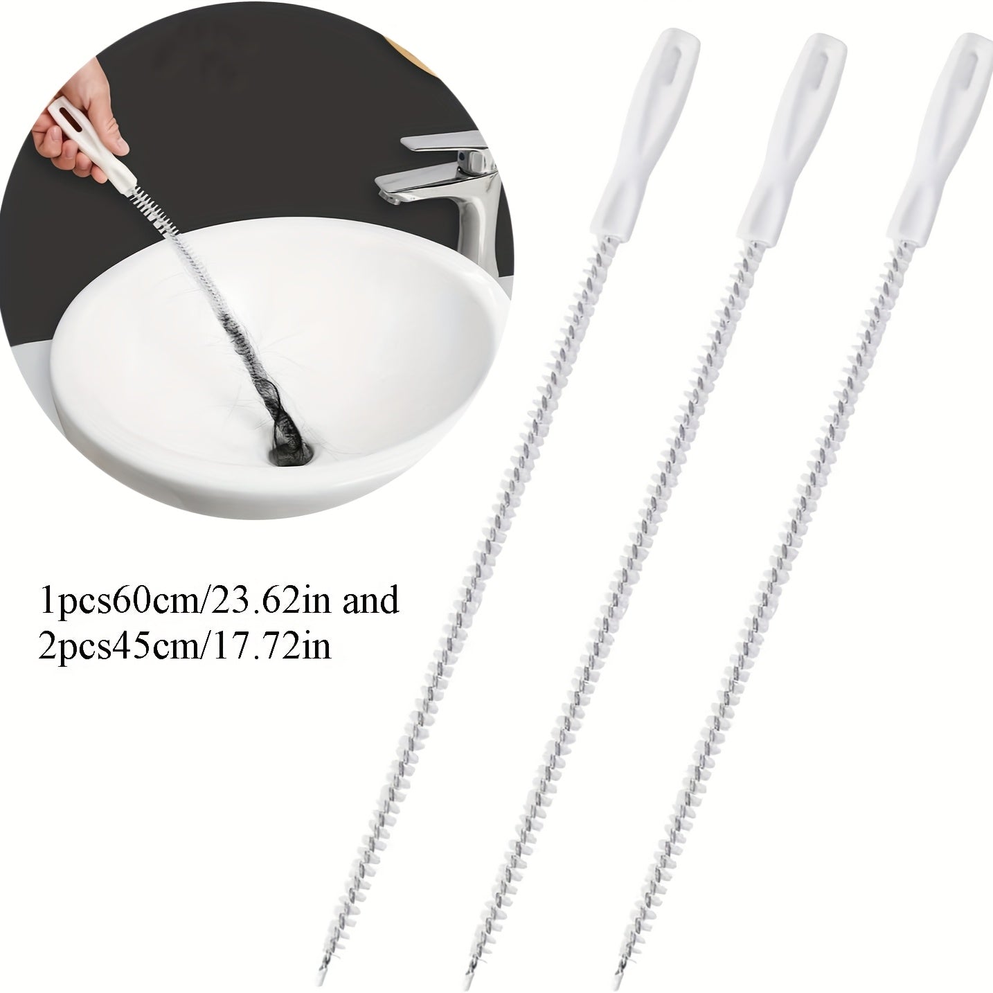 Three Spiral Pipe Uncloggers, 40cm and 60cm Drain Cleaners for Pipes and Pools