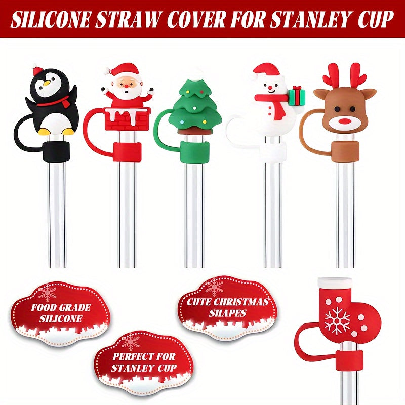 Set of 5 Reusable Silicone Straw Lids Christmas Santa Tree Fits 10mm Straws