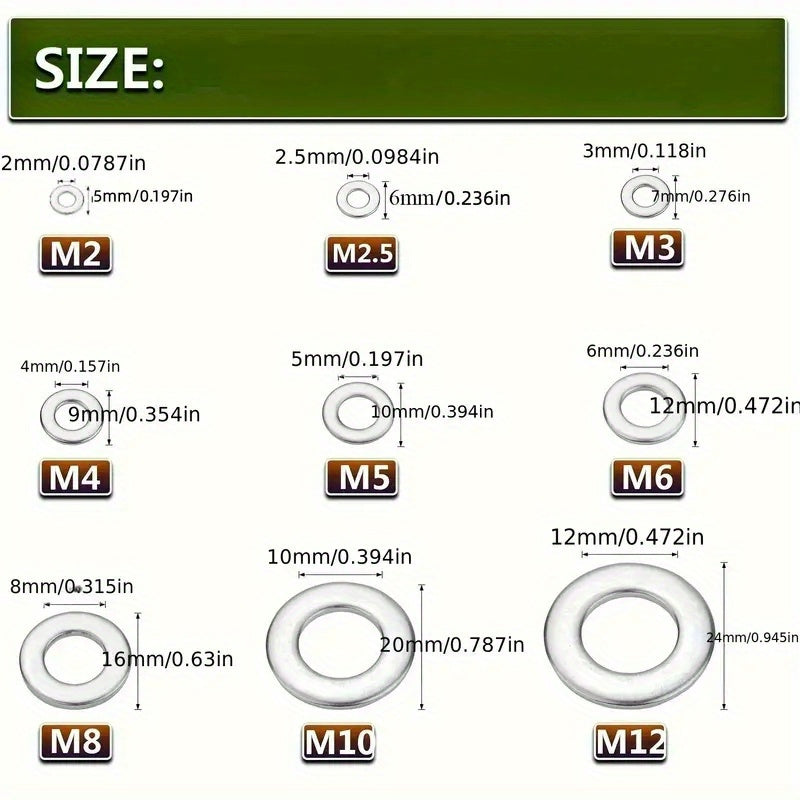 180-Piece Stainless Steel Flat Washer Set M2-M10 for Screws Bolts and Repairs