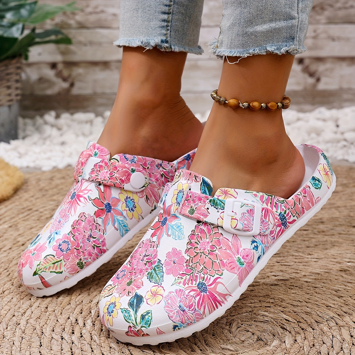 Women's EVA Floral Slide Sandals Pink Green Blue White Non-Slip Cushion