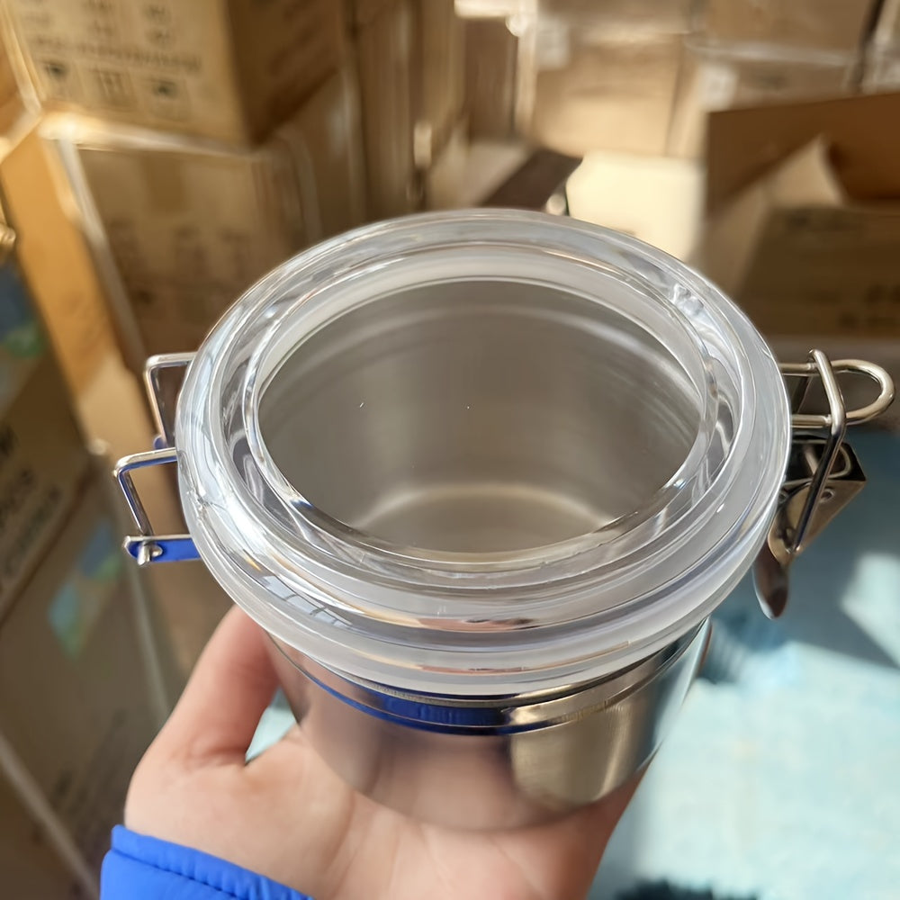 Airtight Stainless Steel Herb Storage Jar with Transparent Lid and Blue Clasp