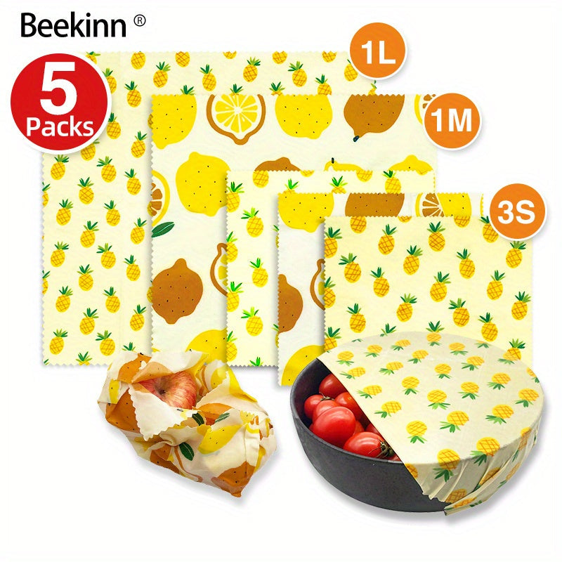 Juego de 5 envoltorios de cera de abeja ecológicos para alimentos, queso, fruta, pan, snacks