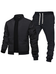 Men's Olive Green and Black Zip-Up Jacket and Sweatpants Set Polyester Casual Activewear