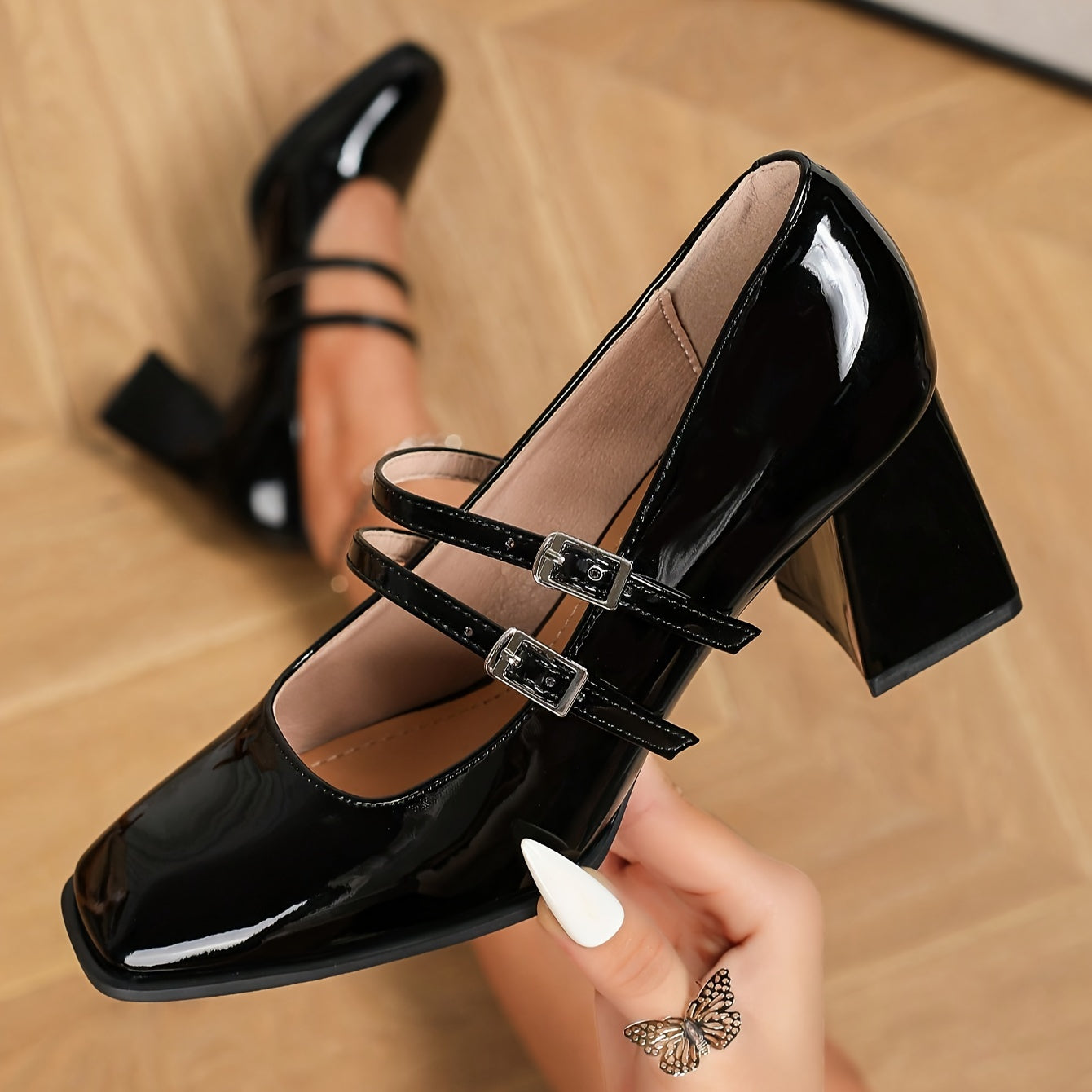 Women's Faux Cover Mary Jane Pumps with Chunky Heel and Square Toe
